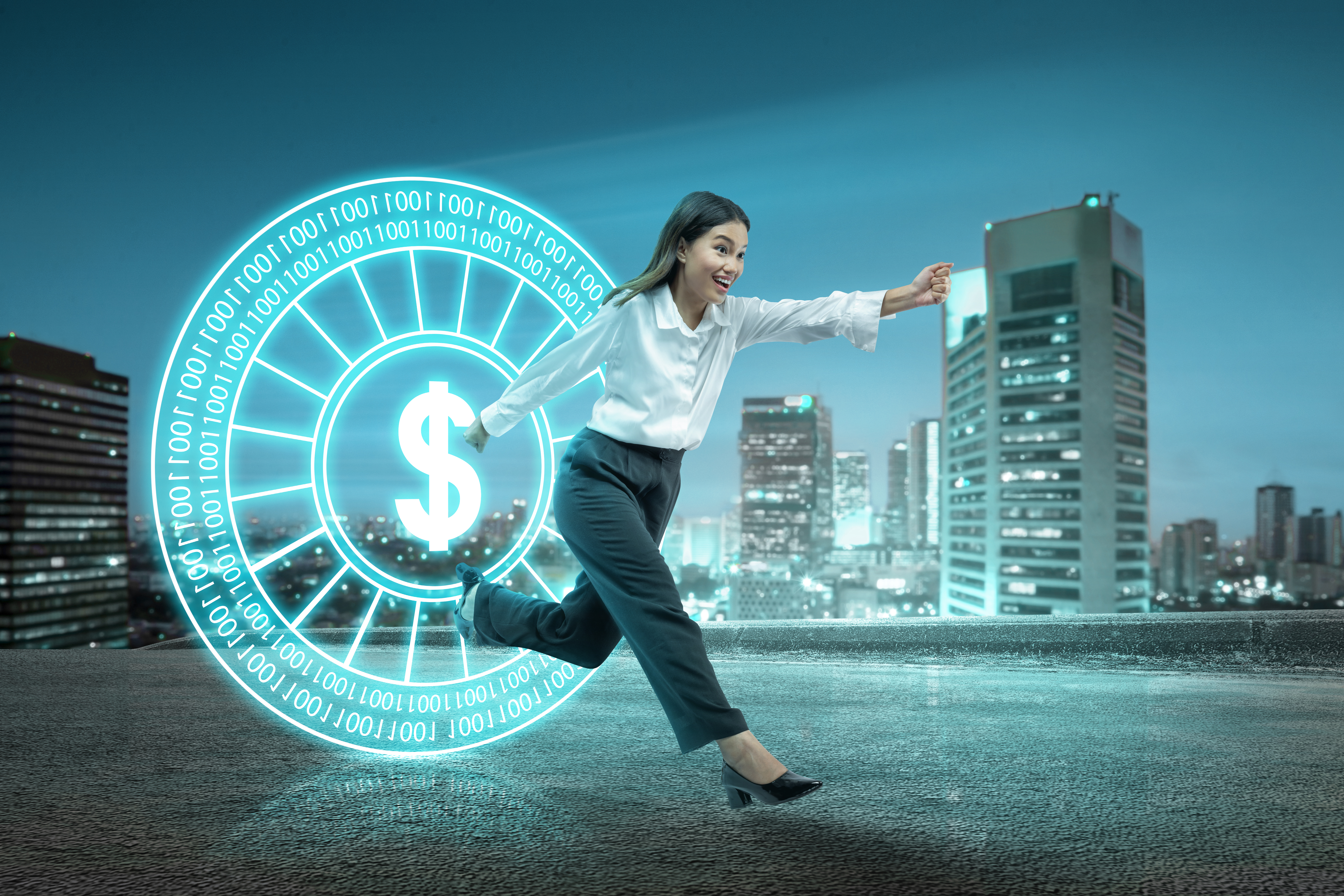 Asian businesswoman running from virtual money - escaping revenue loss