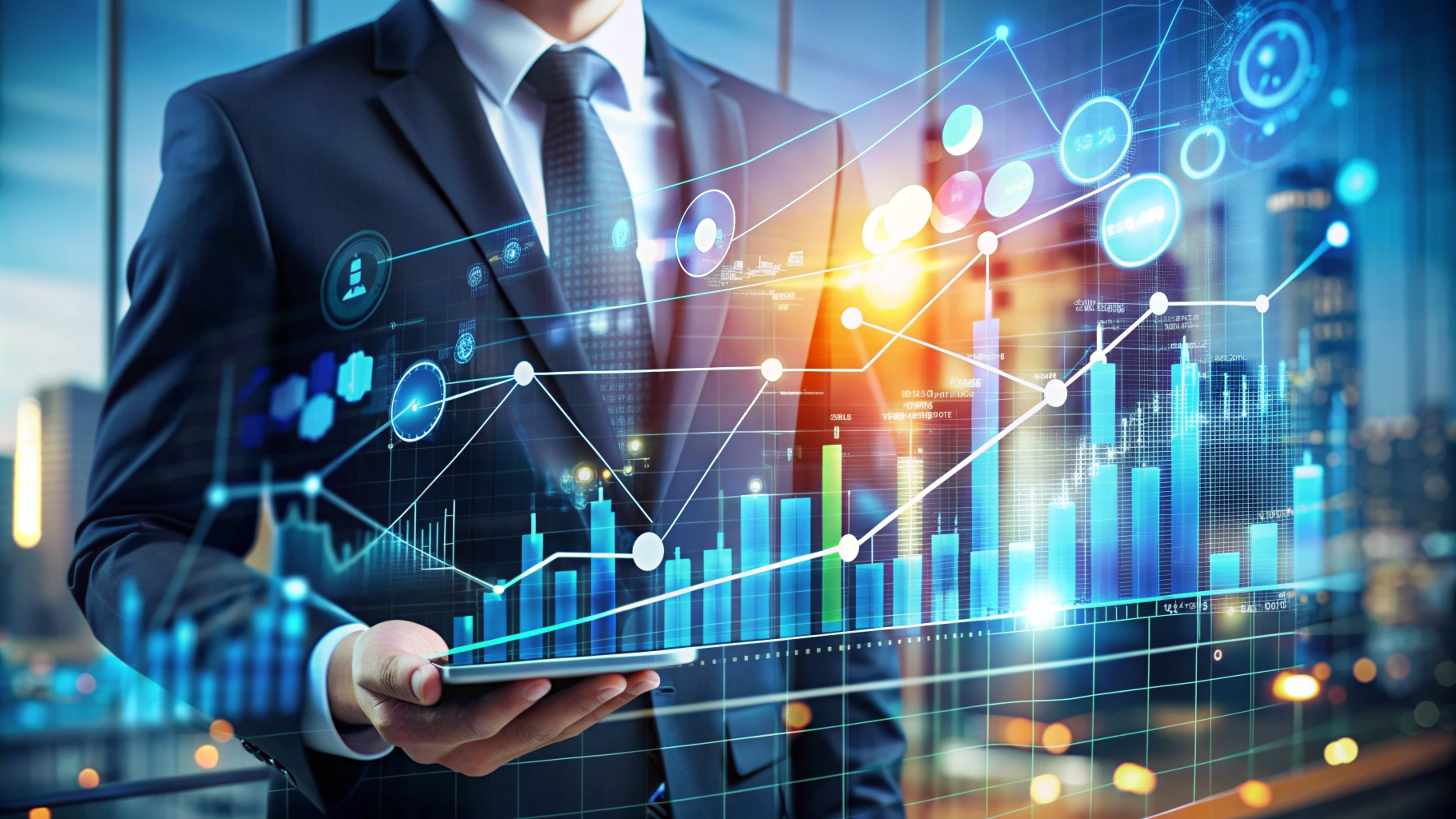 Businessman using tablet with digital graph overlay for financial transformation