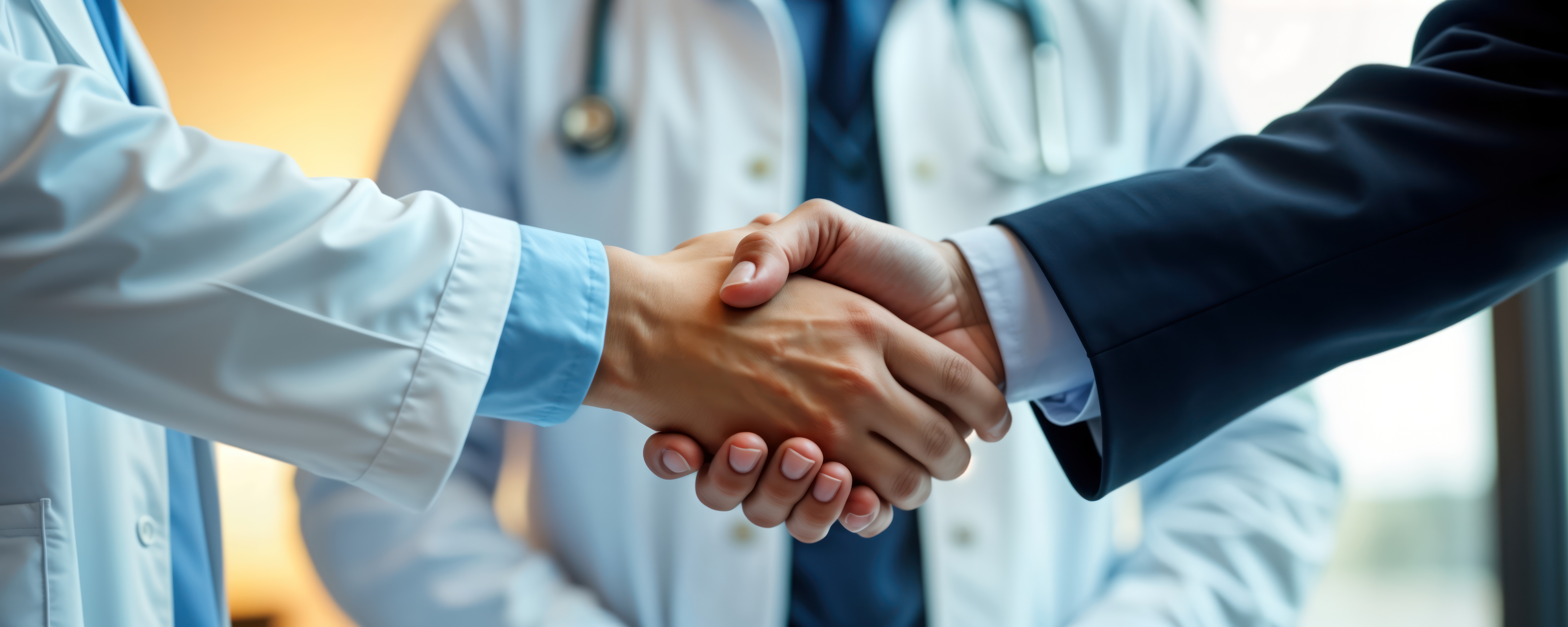 Businessmen and doctors shaking hands in front of a medical building - pharmaceutical partnership