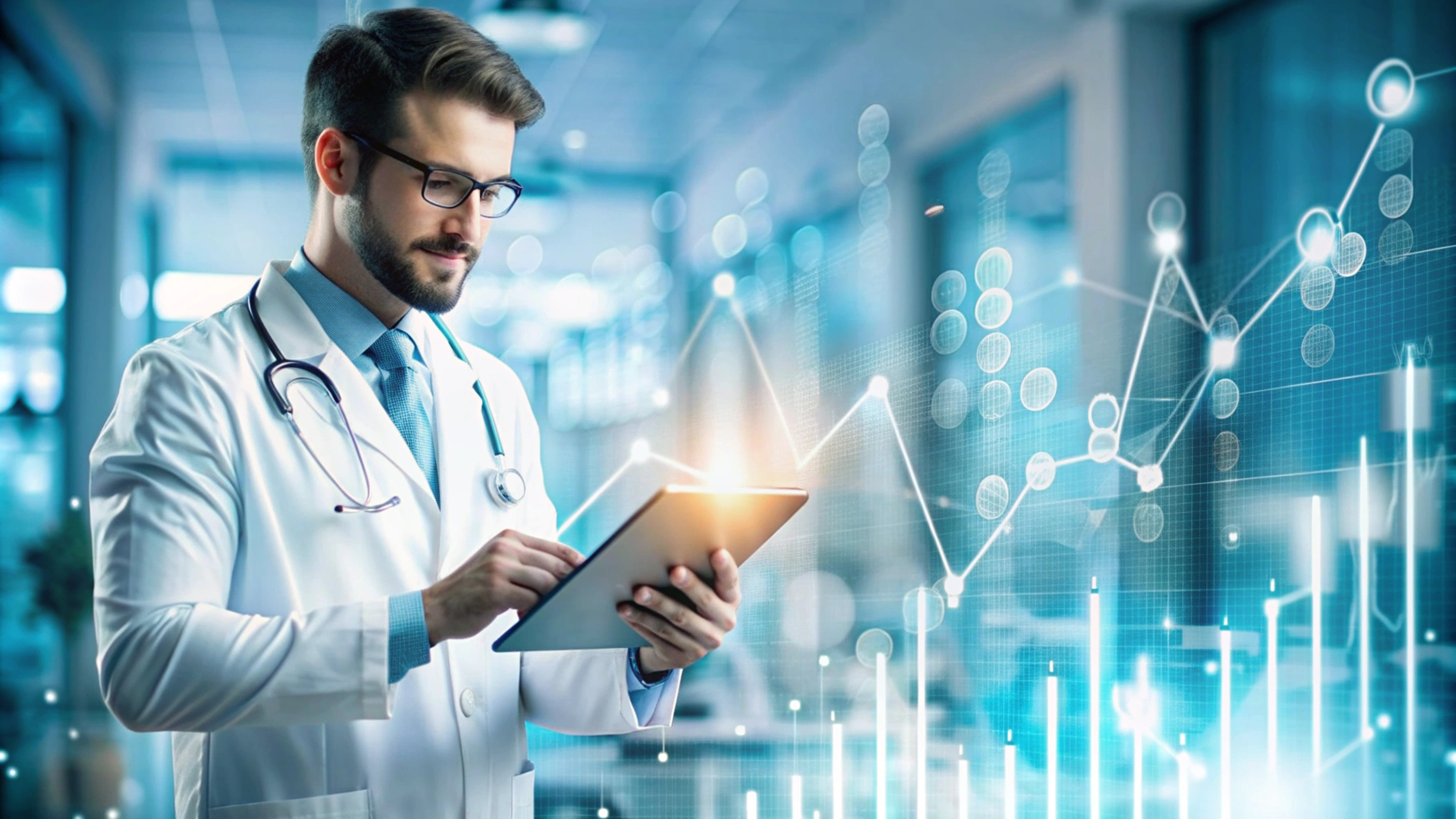 Healthcare business data growth graph and professional medical team analysis