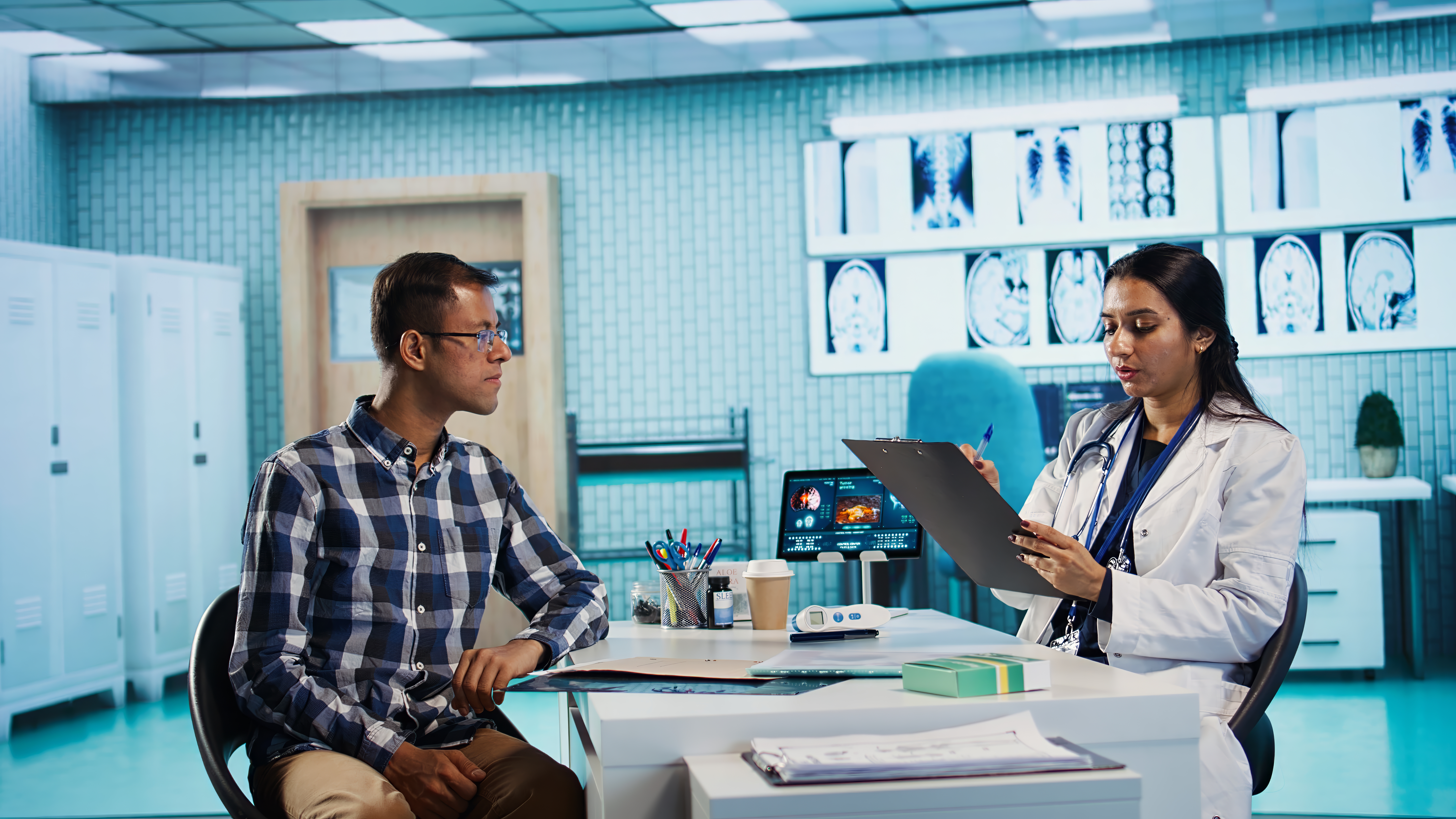 Healthcare provider consulting male patient and reviewing x-ray test results