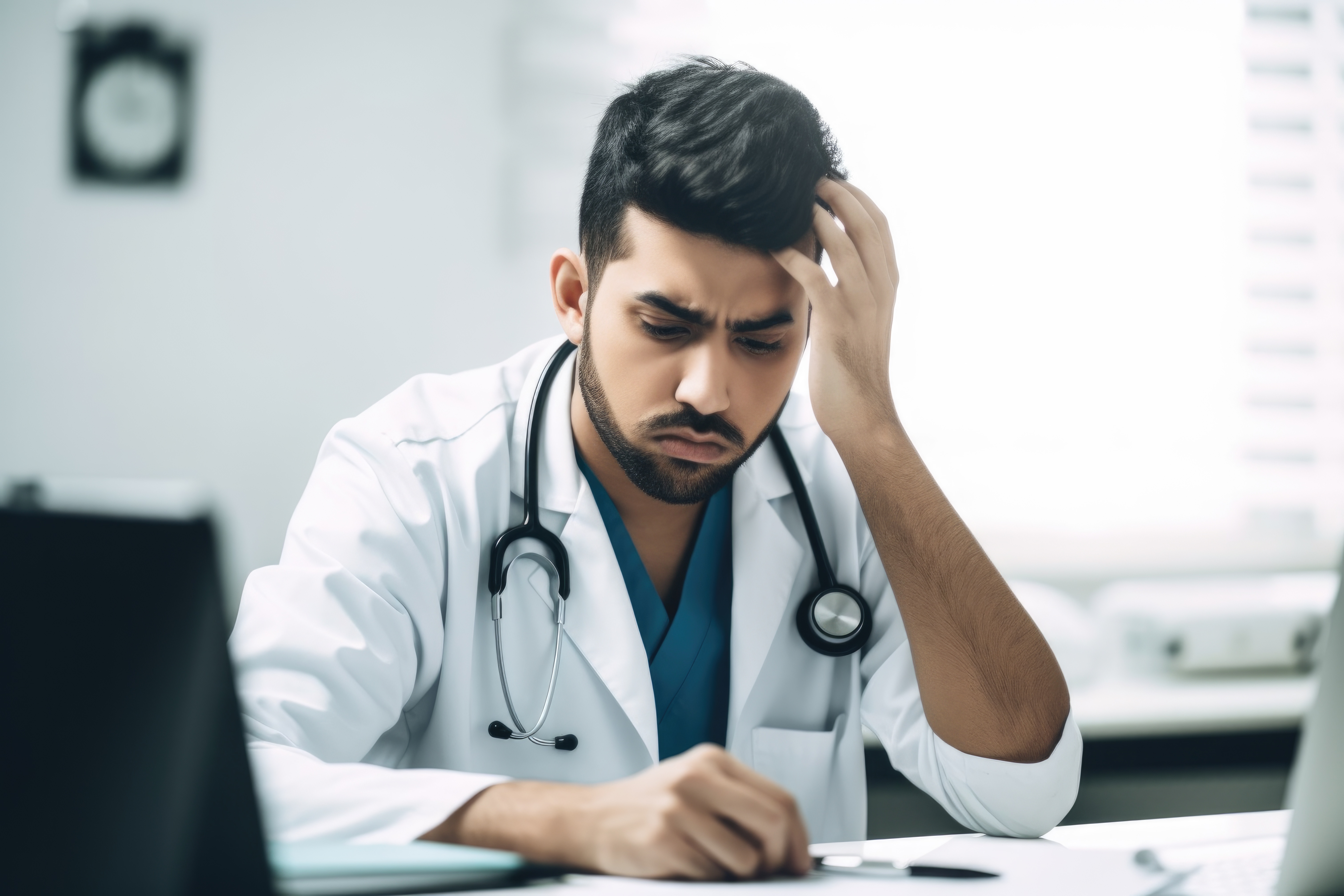 Young male doctor looking stressed while working in his office